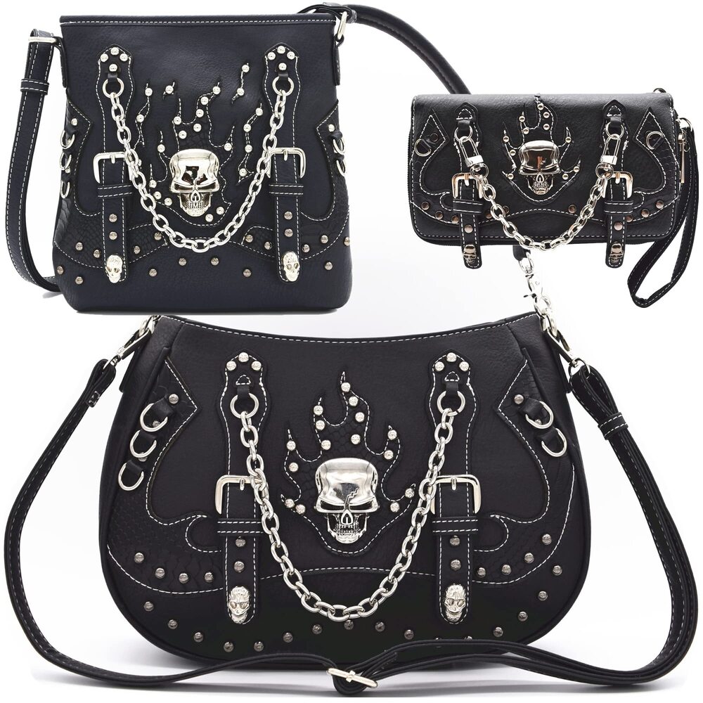1000 Punk Gothic Rock Metallic Skull Chain Purse Skeleton Leather Shoulder